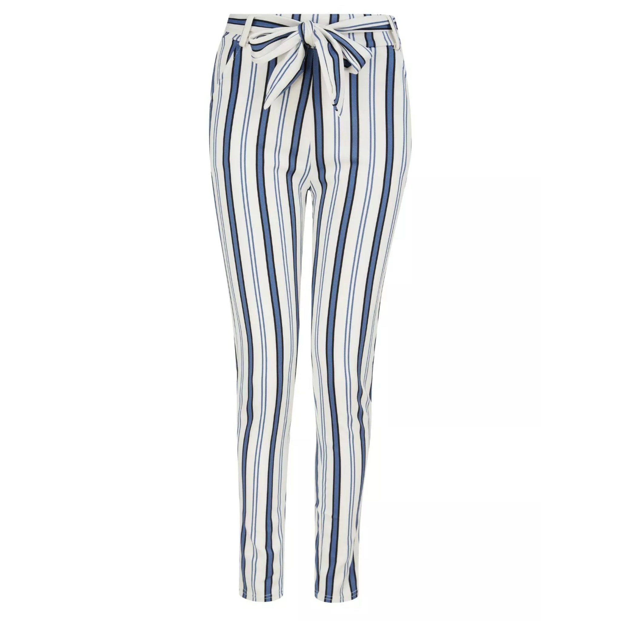 Women's high-waisted belted trousers in white with vertical navy stripes, featuring a tie-front waist and slim fit.